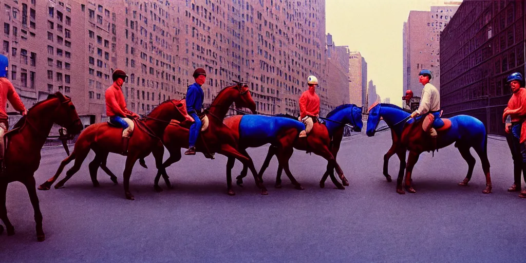 Image similar to color photograph men riding horses blue skin red light wide open vista 1 2 0 mm film highly detailed sharp zeiss lens 1. 8 high contrast chiaroscuro insane quality masterpiece detailed photograph by gottfried helnwein ryan mcginley robert mapplethorpe david armstrong david wojnarowicz