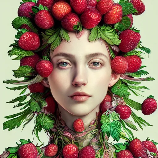 Image similar to the portrait of an absurdly beautiful, graceful, elegant, shy young woman made of strawberries and green petals, an ultrafine hyperdetailed illustration by kim jung gi, irakli nadar, intricate linework, bright colors, octopath traveler, final fantasy, angular, unreal engine 5 highly rendered, global illumination, radiant light, detailed and intricate environment