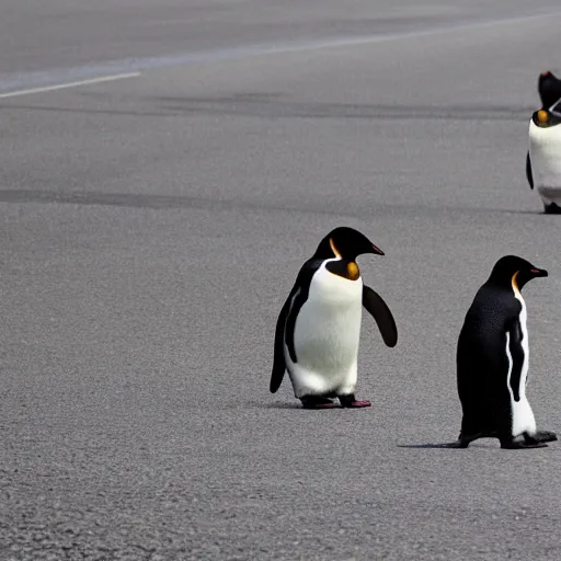 Prompt: penguins walking across the road