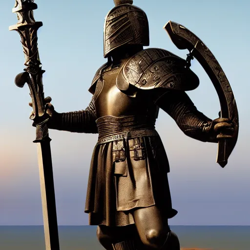 Image similar to greek statue of a Templar knight with ornate engraved armor holding his sword in a battle ready stance looking out over a Cliffside with crashing waves on the shore, synthwave, 4k