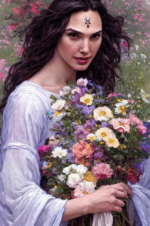 Image similar to portrait of gal gadot as beautiful mysterious woman holding a bouquet of flowing flowers, hands hidden under the bouquet, fantasy, regal, intricate, by stanley artgerm lau, greg rutkowski, thomas kindkade, alphonse mucha, loish, norman rockwell