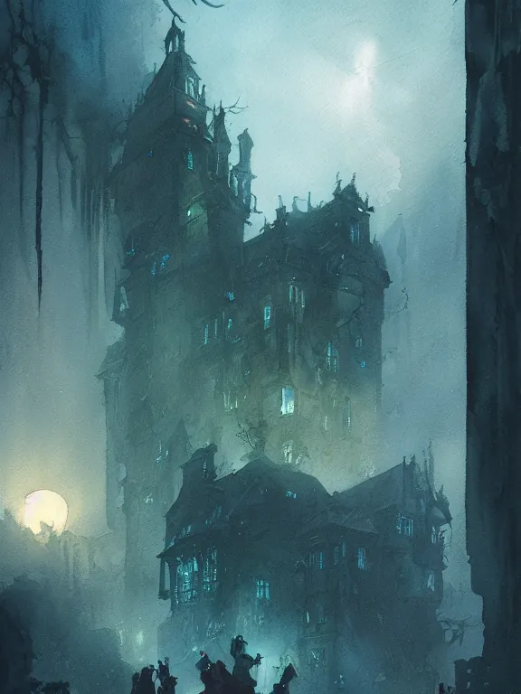 Image similar to a group of urban fantasy adventurers approach a tall and foreboding haunted house at sunset, teal spectral denizens rise from windows, detailed realistic watercolor by greg rutkowski and kwanchai moriya, haunting, ominous, exciting, solemn, lightning study