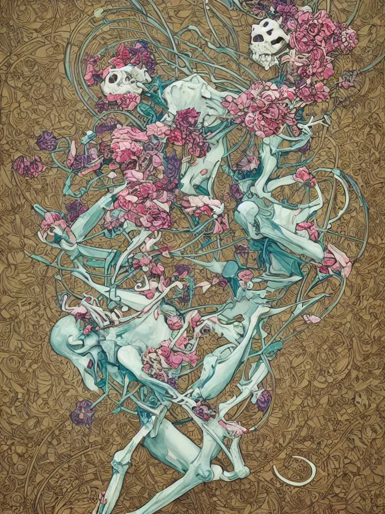 Image similar to a skeleton covered in flowers in a dynamic pose, art nouveau, james jean, peter mohrbacher, highly detailed, vivid lighting,