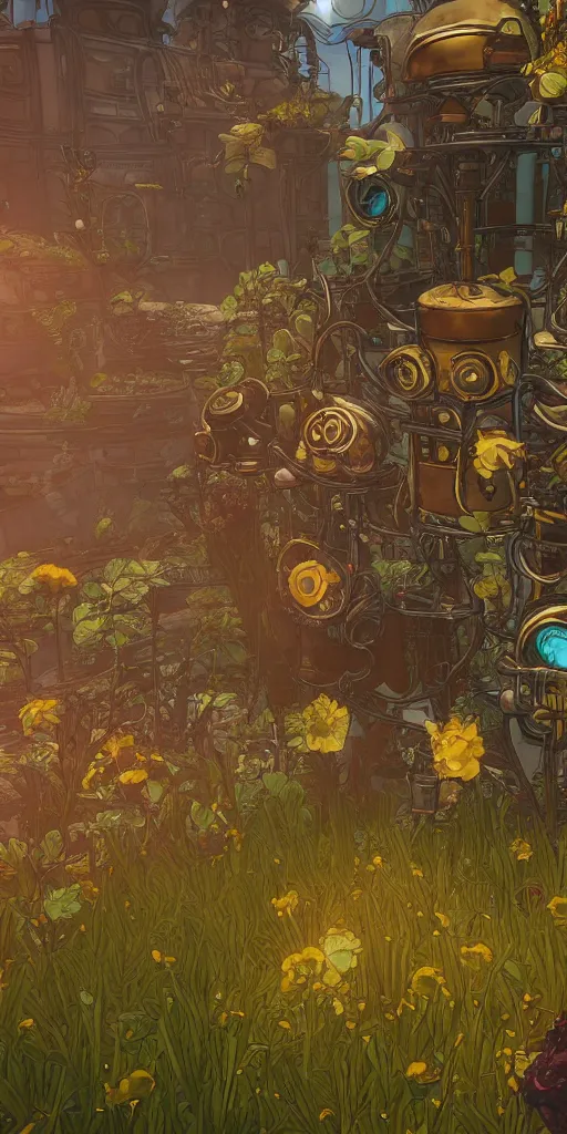 Image similar to steampunk flowers on a steampunk land in the borderlands 3 style, smooth, cinematic, wet reflections, ray tracing x, rtx, smooth