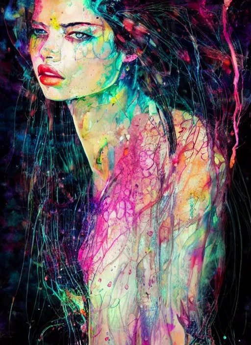 Image similar to adriana lima by agnes cecile enki bilal moebius, intricated details, sitting on a stool, full body portrait, extremely luminous bright design, pastel colours, drips, autumn lights