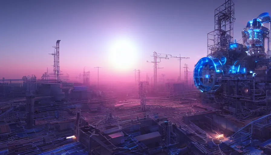 Image similar to combined cycle futuristic powerplant, blue led lights, sunrise, hyperdetailed, artstation, cgsociety, 8 k