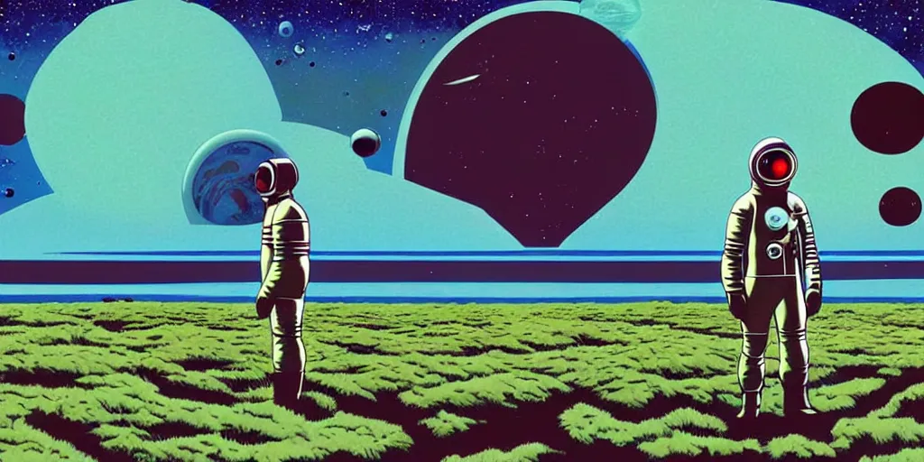 Image similar to a portrait of lonely single Alain Delon alone pilot in spacesuit on field forrest symmetrical spaceship station landing laying lake artillery outer worlds hyper contrast in FANTASTIC PLANET La planète sauvage animation by René Laloux