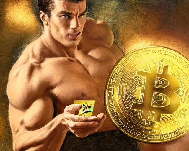 Prompt: attractive muscular man magically holding a golden bitcoin, commercial by annie liebovitz, gaston bussiere, craig mullins, j. c. leyendecker