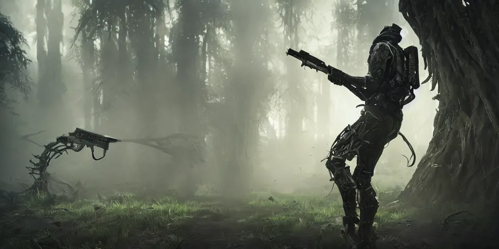 Image similar to a hunter in combat wooden exoskeleton with chrome details walks between the roots. hunting for monster. realism in style of fornite game. bio luminescent, plasma, ice, water, wind, creature, artwork by tooth wu and wlop and beeple and greg rutkowski, epic cinematic shot, perfectly defined features, ambient occlusion