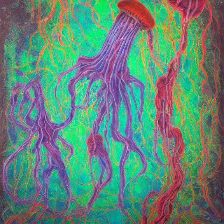 Prompt: Hyperrealistic intensely colored Studio wet collodion Photograph portrait of a deep sea psychedelic bioluminescent jellyfish deep underwater in darkness long exposure, award-winning nature deep sea expressionistic impasto heavy brushstrokes oil painting by Fabian Marcaccio and Jean Dubuffet and Audubon vivid colors hyperrealism 8k