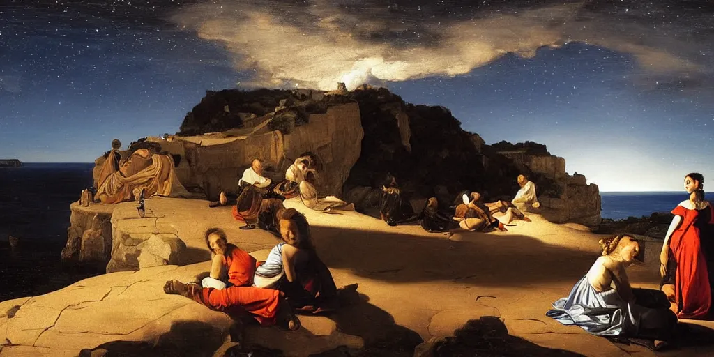 Image similar to beautiful oil matte portrait painting, people watching the stars at night on a portuguese cliff beach, wonderful masterpiece highly detailed, beautiful cinematic light deep focus, elegant, digital painting, smooth, sharp focus, golden ratio, dramatic illumination, ultra realistic, 8 k, art by artemisia lomi gentileschi and caravaggio