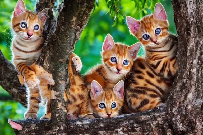 Image similar to bengal kittens that are in a tree and the kittens are looking directly into the camera