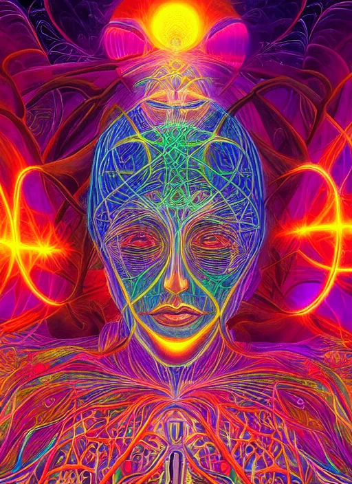 Prompt: ai transcendence into collaborative intelligence, connectedness, body, by alex grey, album cover, award winning, beautiful, colorful, volumetric lighting, trending on artstation