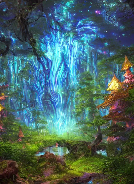 Image similar to glowwave drawing of humongous enchanted forest biome from genshin impact, au naturel, hyper detailed, digital art, trending in artstation, cinematic lighting, studio quality, smooth render, unreal engine 5 rendered, octane rendered, art style by klimt and nixeu and ian sprigger and wlop and krenz cushart.