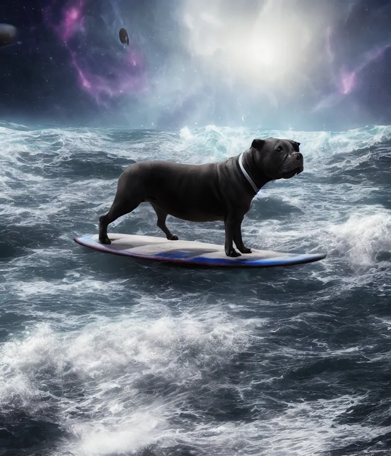 Image similar to photo of a dark gray coat pit bull with a white paws!, surfing on a surfboard in a crashing wave of alien ocean in space, background is an alien galaxy, aliens in the background, alien colors, octane render, unreal engine, wide view, 8 k, highly detailed