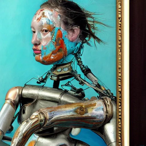 Image similar to high quality high detail painting by lucian freud and jenny saville, hd, samurai robot, turquoise