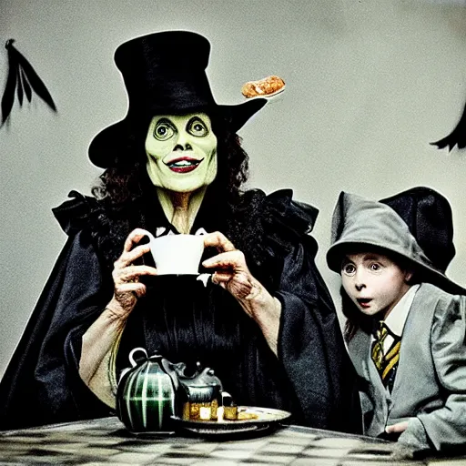 Prompt: ' the wicked witch having tea with harry potter, phorograph by annie leibovitz'