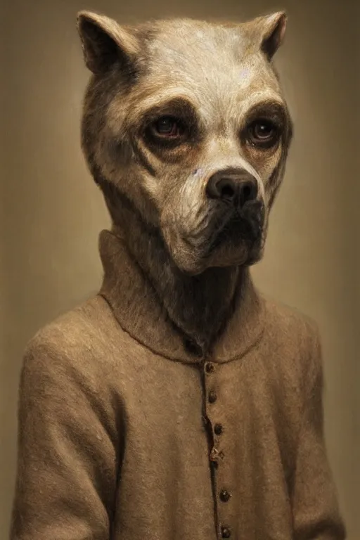 Prompt: Slavic Cynocephaly dog head man, woolen torso in medieval clothes, oil painting, hyperrealism, beautiful, high resolution, trending on artstation,