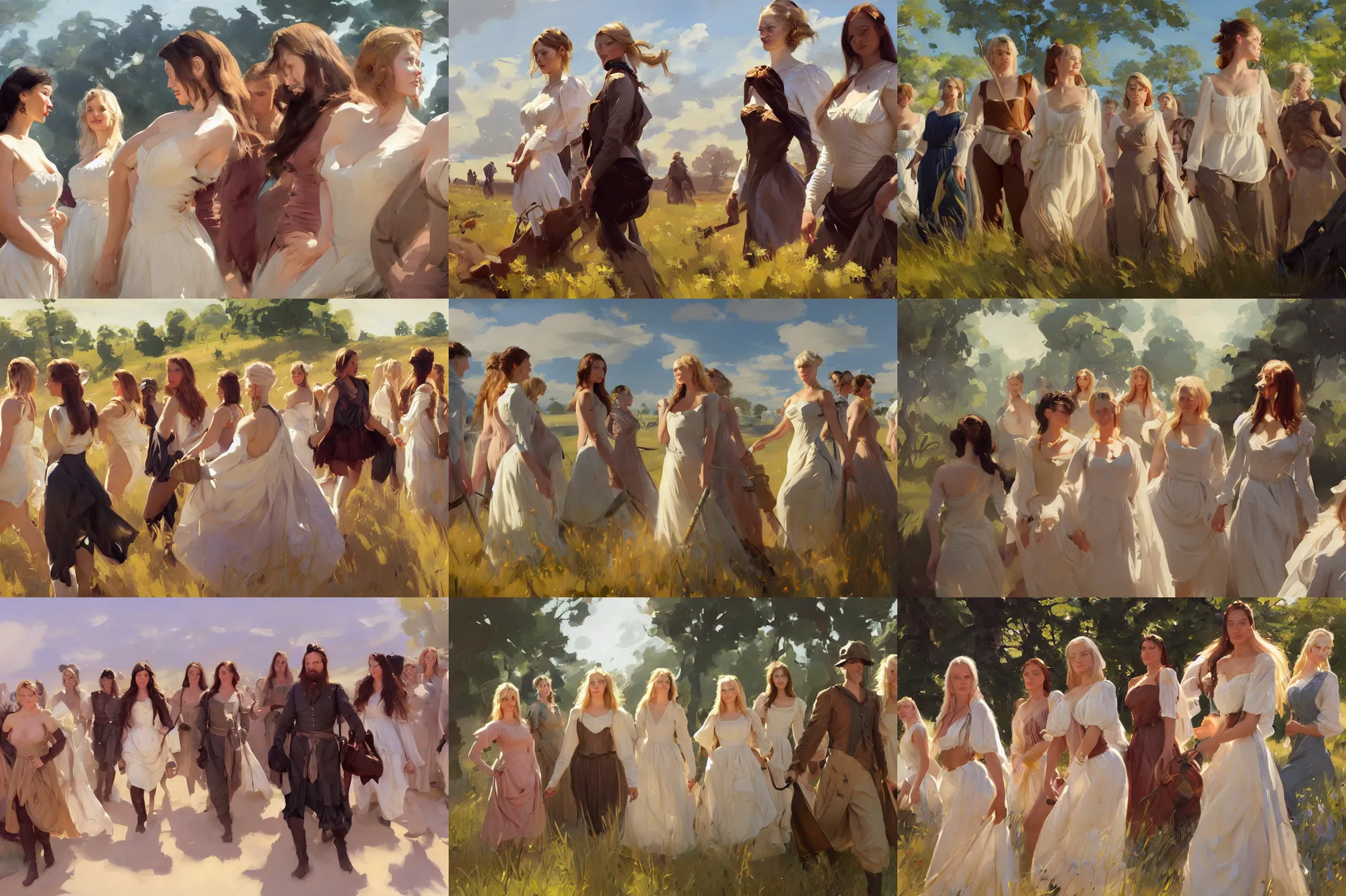 Image similar to group of beautiful finnish norwegian swedish scandinavian attractive glamour models wearing 1 7 th century stays with low neckline walking in the field in a sunny day, jodhpurs greg manchess painting by sargent and leyendecker, studio ghibli fantasy close - up shot asymmetrical intricate elegant matte painting illustration hearthstone, by greg rutkowski by greg tocchini by james gilleard