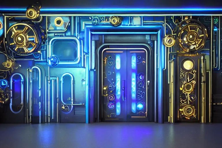 Prompt: entrance door to a futuristic nightclub, in front of the door are 7 golden and blue metal humanoid steampunk robots wearing and gears and tubes, eyes are glowing red lightbulbs, shiny crisp finish, 3 d render, 8 k, insaneley detailed, fluorescent colors, background is back yrad of a nightclub, nightlight