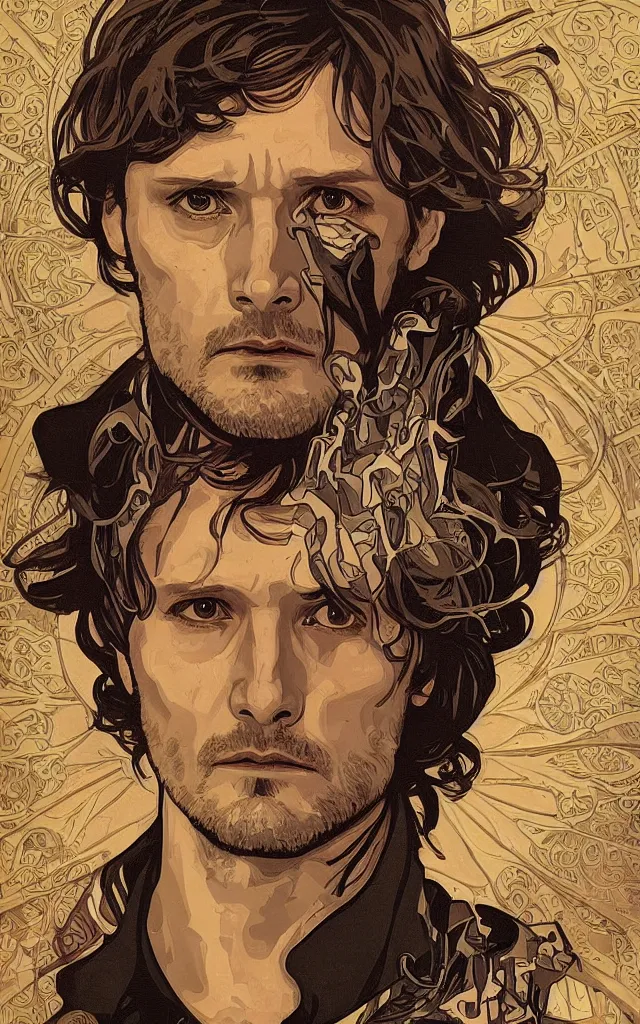 Prompt: Will Graham from NBCs Hannibal in portrait Alphonse Mucha art nouveau style, detailed high definition poster, photorealistic brutal artwork, featured on artstation, powerful, high definition, large file size, advertisement