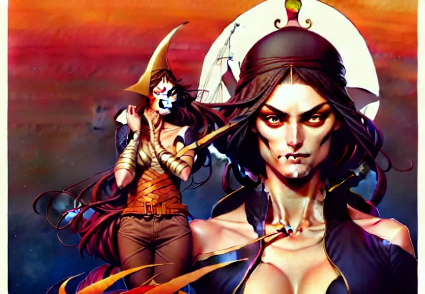 Image similar to artgerm, joshua middleton comic cover art, pretty pirate phoebe tonkin smiling, full body, symmetrical eyes, symmetrical face, long curly black hair, on a pirate ship background, warm colors