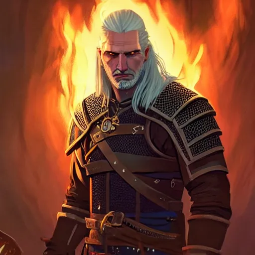 Image similar to geralt the witcher 3 sitting in front of a campfire at night alone warmth d & d fantasy intricate elegant highly detailed digital painting artstation concept art matte sharp focus illustration hearthstone art by artgerm art by greg rutkowski art by alphonse mucha