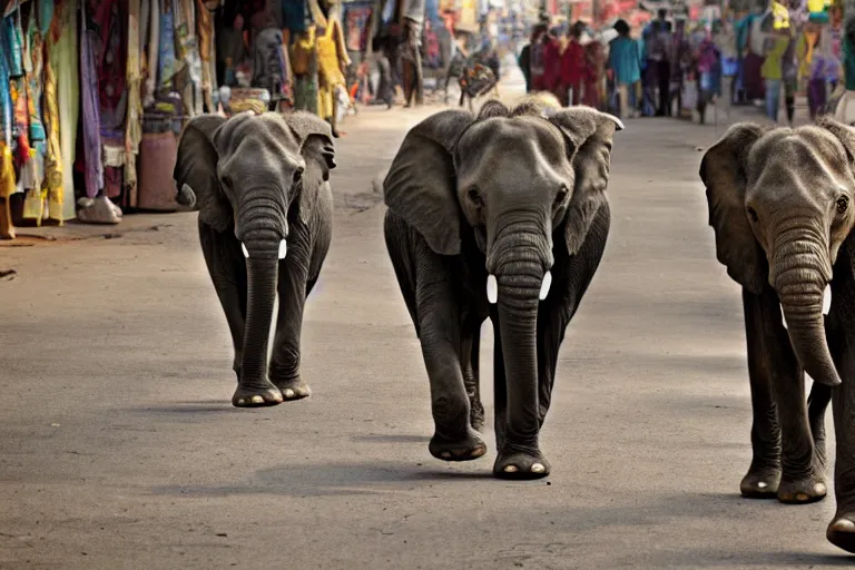 Image similar to cinematography elephant walking through Indian market by Emmanuel Lubezki