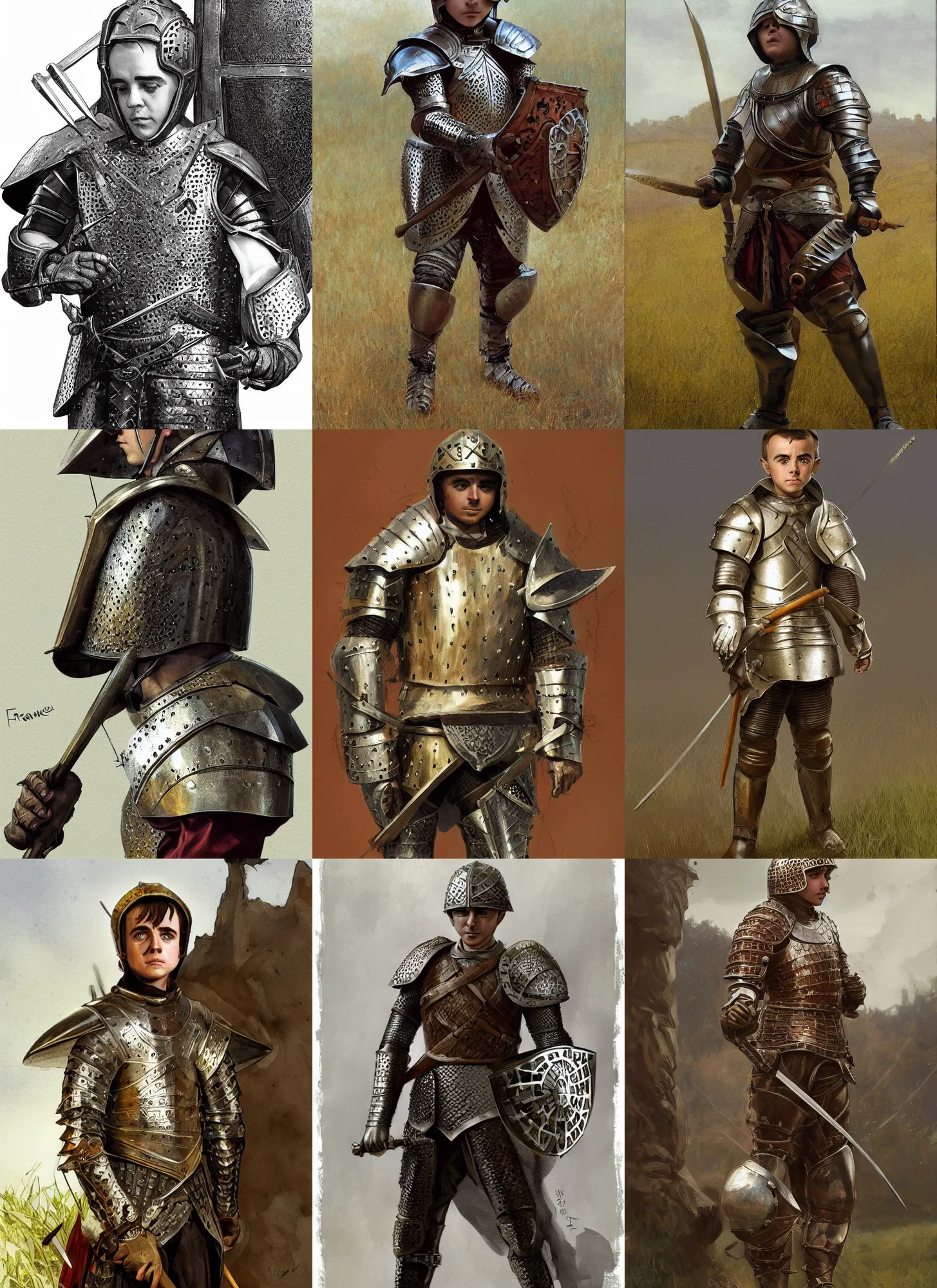 Prompt: frankie muniz young with medieval armour, field, intricate, elegant, highly detailed, artstation, sharp focus, illustration, rutkowski, mucha