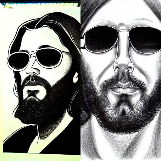 Prompt: portrait of jesus christ in sunglasses, studio light, realistic, ink, line drawing, sketch, fineart