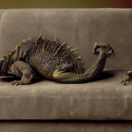Image similar to humanoid reptile sitting on a couch, National Geographic photo, coherent like Dall-E 2