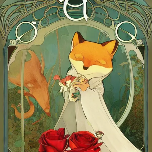 Image similar to the little prince, clear face, roses, foxes, poster, by andrei riabovitchev, shaun tan, alphonse mucha, and peter mohrbacher, trending on artstation, fairy tale cover