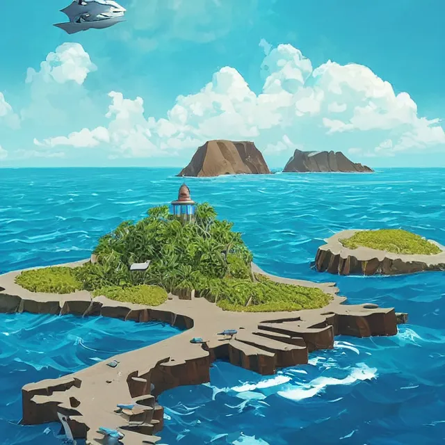 Image similar to a remote island research station in the middle of the ocean, rhads!!!, ominous, digital science fiction realism, archipelago!!, urban fantasy, saturday morning cartoon, clean linework, ( alexander archipenko ), western animation