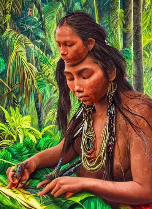 Image similar to a beautiful painting of a young indigenous female crafting a fabric in the jungle, realistic face, ayahuasca, fantasy art style, matte painting, highly detailed