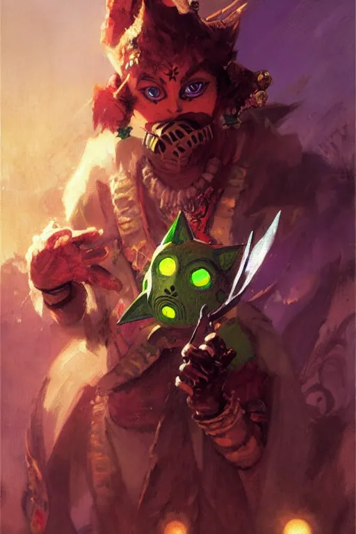 Image similar to majoras mask as a magic the gathering card portrait dnd, painting by gaston bussiere, craig mullins, greg rutkowski, yoji shinkawa