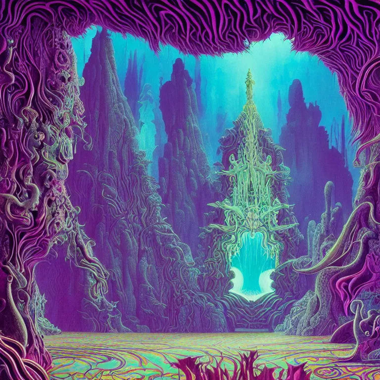 Prompt: interior mythical crystal temple, strange animal silhouettes, fractal waves, synthwave, bright neon colors, highly detailed, cinematic, eyvind earle, tim white, philippe druillet, roger dean, ernst haeckel, lisa frank, aubrey beardsley, kubrick