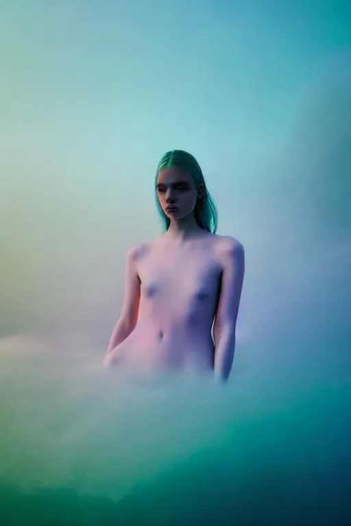 Image similar to high quality pastel coloured film close up wide angle photograph of a model wearing clothing swimming on cloud furniture in a icelandic black rock!! environment in a partially haze filled dreamstate world. three point light, rainbow. photographic production. art directed. pastel colours. volumetric clouds. pastel gradient overlay. waves glitch artefacts. extreme facial clarity. 8 k. filmic.