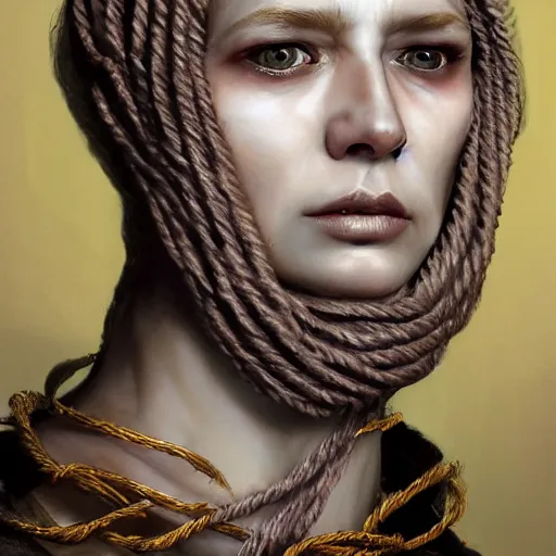 Image similar to portrait of a Shibari rope wrapped face and neck, headshot, insanely nice professional hair style, dramatic hair color, digital painting, of a old 15th century, old cyborg merchant, amber jewels, baroque, ornate clothing, scifi, realistic, hyperdetailed, chiaroscuro, concept art, art by Franz Hals and Jon Foster and Ayami Kojima and Amano and Karol Bak,