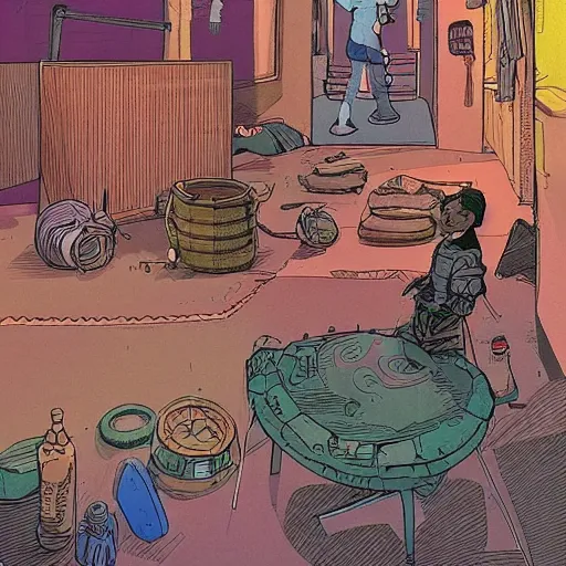 Prompt: an illustrated portrait of a person living is a small slum town on an alien world. science fiction art. colourful junk. moebius. very clean illustration