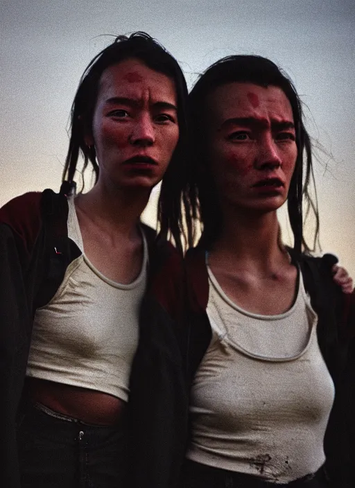 Image similar to cinestill 5 0 d photographic portrait of two loving clones, women wearing rugged black techwear on a desolate plain with a red sky, extreme closeup, diverse species, cyberpunk, in front of a brutalist dark metal facility, dust storm, 3 5 mm, 8 k, f / 3 2, high resolution, ultra realistic faces, beautiful