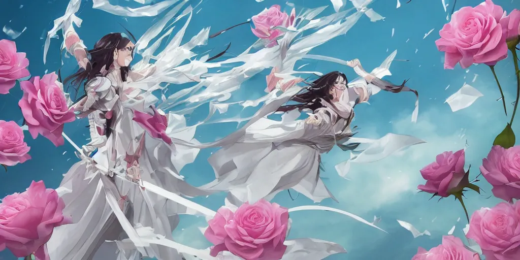 Image similar to floating flying longswords slicing through a bouquet of white and pink roses, flowers exploding and spraying, big puffy clouds, sharp rain, large rose petals, lotus petals, large polygonal background elements, large polygons, dramatic anime, dramatic lighting, artgerm, manga, trending on artstation, art nouveau, mature colors