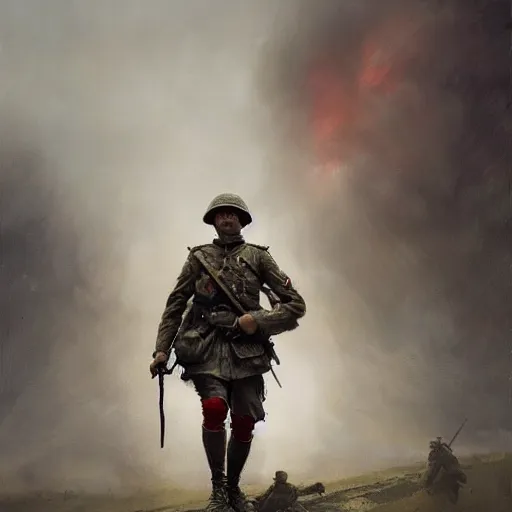 Image similar to a dramatic epic ethereal portrait of a British WWI soldier, young male, detailed face, 20th century, cinematic lighting, highly detailed oil on canvas painting by Greg Rutkowski, winning-award digital art trending on Artstation