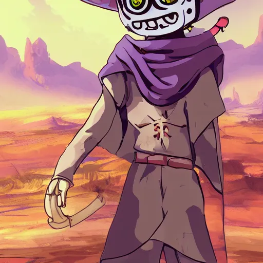 Prompt: cute little boy wearing an skull mask and dressed in an nun outfit in desert, purple color palette, artwork made in made in abyss art style, inspired in ddtank and hirohiko araki, ray tracing, soft details, anatomically correct