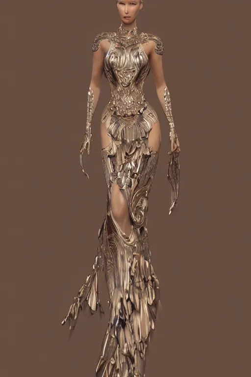 Image similar to a highly detailed portrait of a beautiful alien goddess bella hadid in iris van herpen dress schiaparelli in diamonds in style of alphonse mucha art nuvo trending on artstation made in unreal engine 4