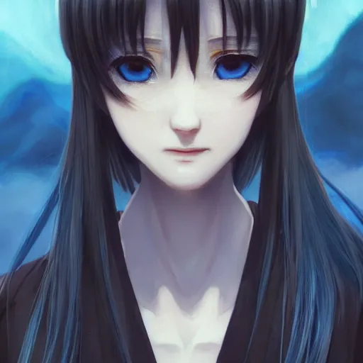 Prompt: profile shot of rimuru tempest, sky blue, straight hair, long bangs, amber eyes, wearing a black jacket!! with white stripes, high collar, highly detailed, unreal engine 5, digital painting, cinematic, wlop | artgerm, pixiv, yoshitaka amano, greg rutkowski, ilya kuvshinov, andy warhol