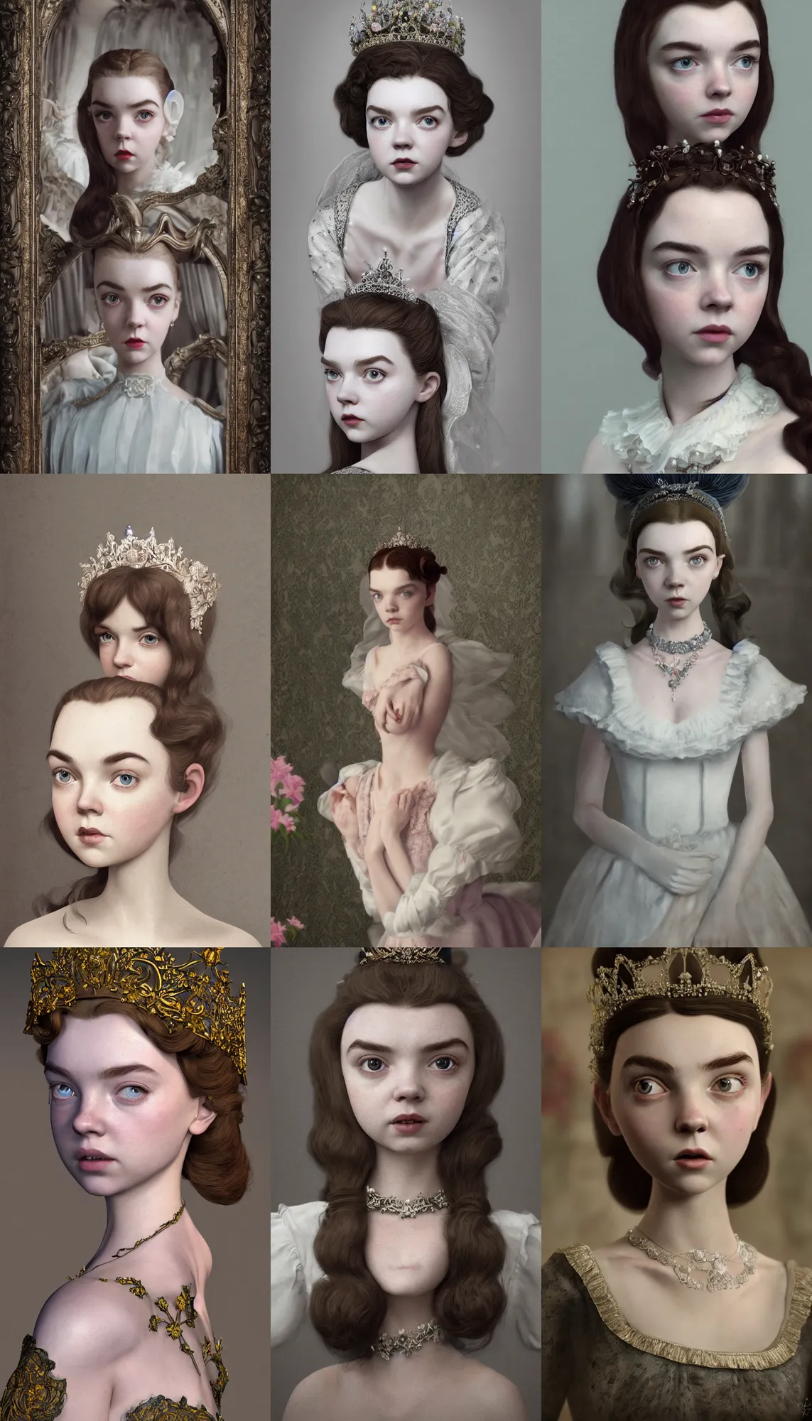 Prompt: a mix of of lily cole anya taylor - joy and audry hepburn, tiara, 1 8 th century manor, hyperrealism photorealism, 8 k, hdr, unreal engine 5, octane render, photorealistic, extremely detailed, intricate, in the style of mark ryden, lostfish, earl nore, hyung tae, frank frazetta