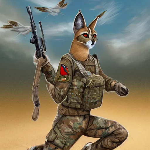 Image similar to very very beautiful avian furry art, male cute caracal wearing desert camo combat uniform, outstretched wings, commission on furaffinity, highly detailed digital art