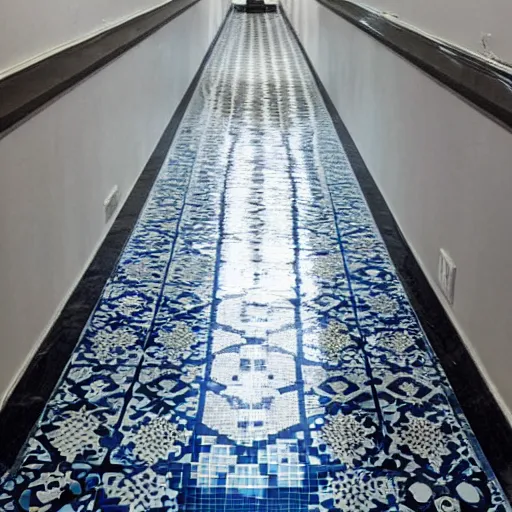 Image similar to Beautiful Photograph of an infinitely tiled infinite hallway with water water water water on the floor