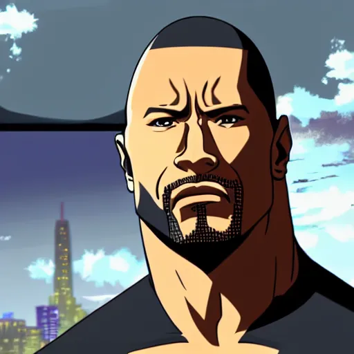 Image similar to A portrait of Dwayne Johnson, in the style of modern anime, city, rain