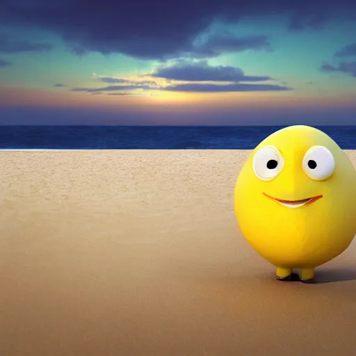 Image similar to 3 d render, of anthropomorphic lemon character with an angry look on his face, he is wearing a hat, relaxing on the beach at sunset, beach, waves, sun, rim light, cinematic photography, professional, sand, sandcastle, volumetric lightening